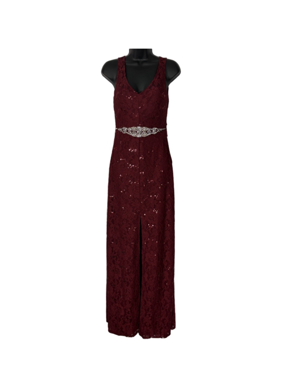 My Michelle Burgundy Lace Sequin Prom Gown Size 3 Open Back NWT